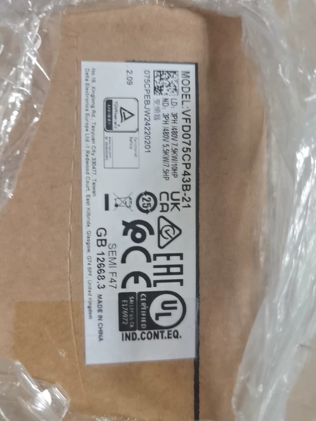 Delta VFD075CP43B-21 100% neuf, original et authentique, convertisseur de fréquence 380V, 7,5kw, servomoteur d'entraînement